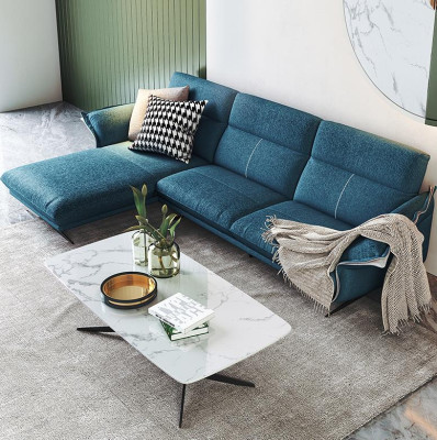 Materiałowa kanapa w kształcie litery L Żywy krajobraz Narożnikowa kanapa Ustawić Modern Design Blue Sofa Nowość