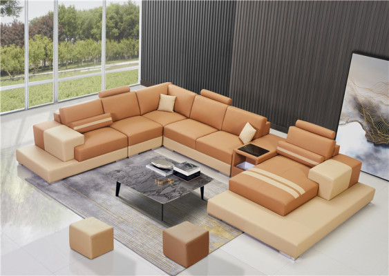 Skóra Modern Couch Żywy krajobraz Skórzana sofa Zestaw sofowy Sofa Kształt U