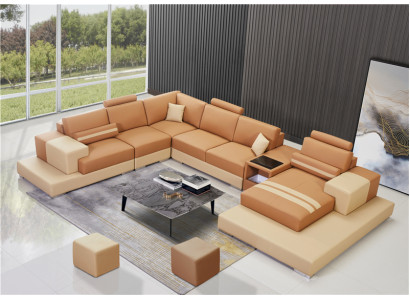 Skóra Modern Couch Żywy krajobraz Skórzana sofa Zestaw sofowy Sofa Kształt U