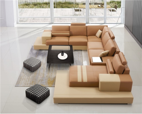 Skóra Modern Couch Żywy krajobraz Skórzana sofa Zestaw sofowy Sofa Kształt U
