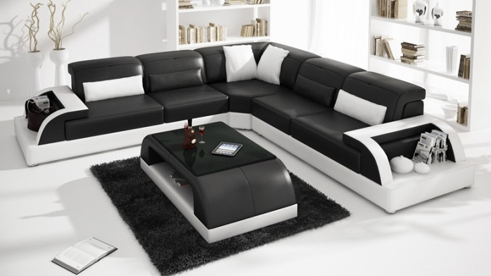 Skóra Modern Couch Żywy krajobraz Skórzana sofa Zestaw sofowy Sofa w kształcie litery L, stolik kawowy