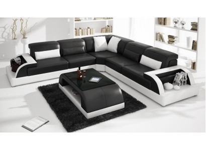 Skóra Modern Couch Żywy krajobraz Skórzana sofa Zestaw sofowy Sofa w kształcie litery L, stolik kawowy