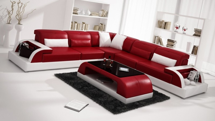 Skóra Modern Couch Żywy krajobraz Skórzana sofa Zestaw sofowy Sofa w kształcie litery L, stolik kawowy