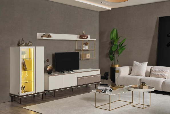 Biały designerski zestaw do salonu TV luksusowy LED Gablota Drewno Półka
