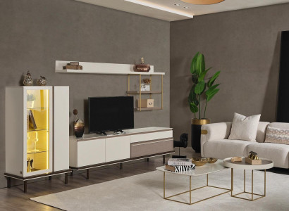 Biały designerski zestaw do salonu TV luksusowy LED Gablota Drewno Półka