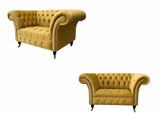 Fotel Chesterfield Meble Zestaw 2x Sofa Jednoosobowa Sofa Włókiennicza Żółta