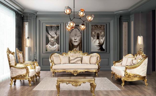 Złoty Zestaw sofowy Zestaw 5 kanap z stolikiem kawowym Chesterfield Baroque