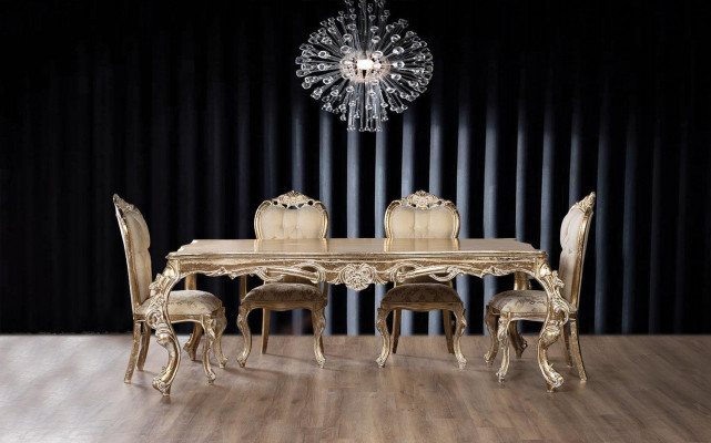 Złoty Zestaw Do Jadalni Designerski Stół obiadowy Prostokątny z x4 Krzesła Chesterfield 5szt. ustawić