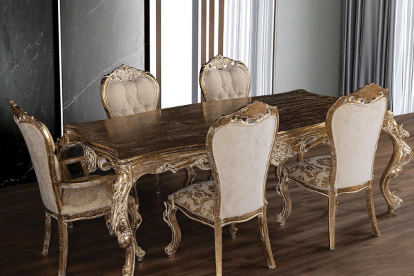 Złoty Zestaw Do Jadalni Designerski Stół obiadowy Prostokątny z x4 Krzesła Chesterfield 5szt. ustawić