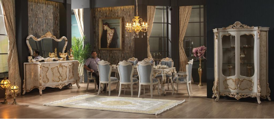 Złoty Zestaw Do Jadalni Designerski Stół obiadowy Prostokątny z x4 Krzesła Chesterfield 5szt. ustawić