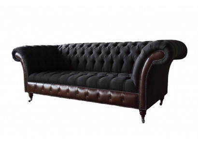 Chesterfield 3 miejsce do siedzenia Sofa Kanapa Skóra Podkładka Siedziba Materiał Czarny Nowy