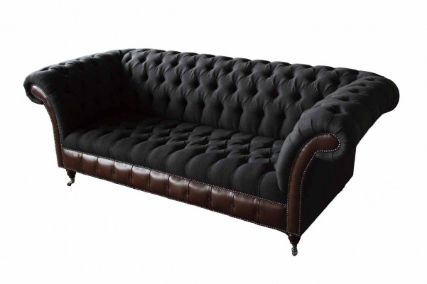Chesterfield 3 miejsce do siedzenia Sofa Kanapa Skóra Podkładka Siedziba Materiał Czarny Nowy