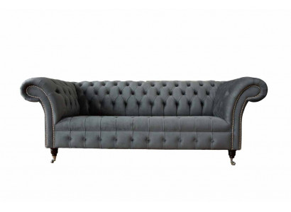 Angielska Sofa Chesterfield Kanapa Meble Biurowe Trzyosobowa Aksamit 230cm Szara