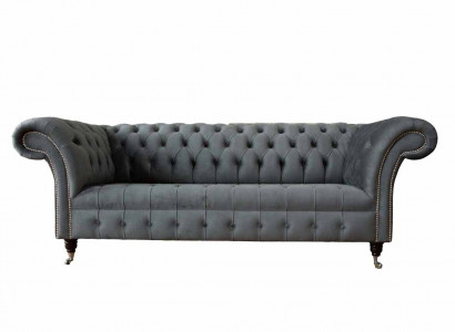Angielska Sofa Chesterfield Kanapa Meble Biurowe Trzyosobowa Aksamit 230cm Szara
