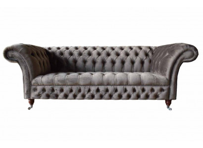 Angielska Sofa Chesterfield Kanapa Meble Biurowe Trzyosobowa Aksamit 230cm Taupe