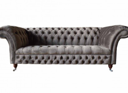 Angielska Sofa Chesterfield Kanapa Meble Biurowe Trzyosobowa Aksamit 230cm Taupe
