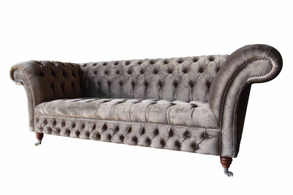 Angielska Sofa Chesterfield Kanapa Meble Biurowe Trzyosobowa Aksamit 230cm Taupe