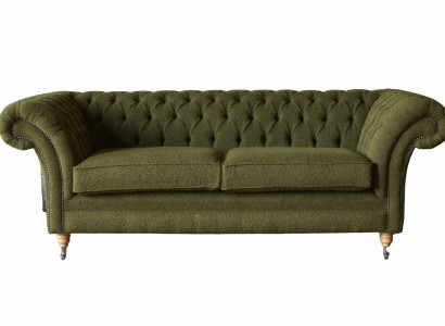 Angielska Sofa Chesterfield Kanapa Meble Biurowe Trzyosobowa Aksamit 230cm Zielona