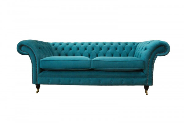 Chesterfield Trzyosobowa niebieska materiałowa sofa do salonu Podkładka Sofa