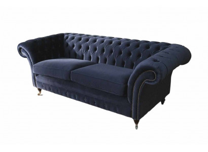 Klasyczny Chesterfield Living Room Aksamit Couch Blue 3 miejsce do siedzenia Włókienniczy Sofy