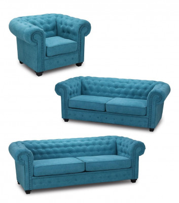 Chesterfield Zestaw sofowy Couch Podkładka Meble Zestaw Ustawić 3+2+1 Turkus