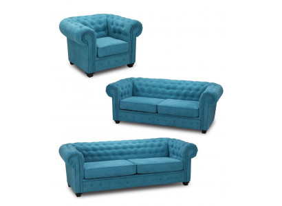 Chesterfield Zestaw sofowy Couch Podkładka Meble Zestaw Ustawić 3+2+1 Turkus