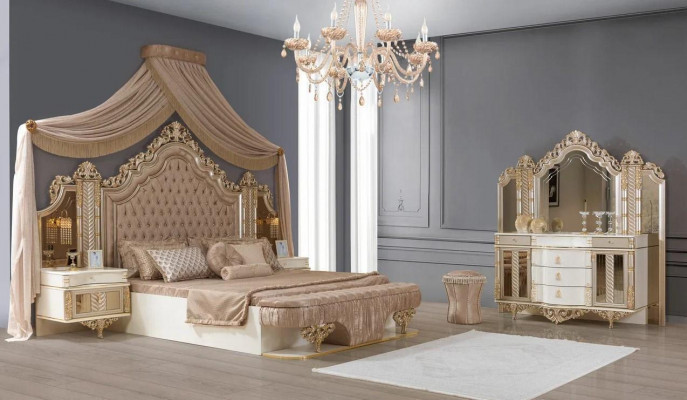 Sypialnia Zestaw Łóżko 2x Szafki nocne Toaletka z -Lustro Luxury nowość