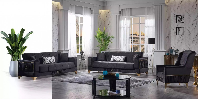 Czarny Zestaw sofowy 3+3+1 miejsce do siedzenia Kanapy Materiał Siedzisko Meble Fotel Sofa