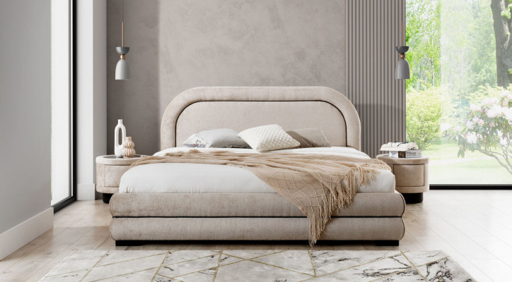 Sypialnia Ustaw Designer Beiges Podwójne łóżko 2x Włókienniczy Szafki nocne