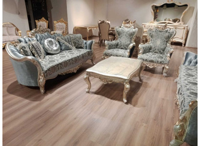 Sofa Kanapa Zestaw Ustaw 3+1+1 stolik kawowy Srebrny Barokowy Rokoko