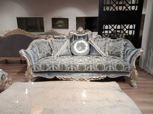 Sofa Kanapa Zestaw Ustaw 3+1+1 stolik kawowy Srebrny Barokowy Rokoko