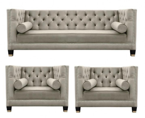 Beżowy Zestaw sofowy Chesterfield Fotel Luxus Meble Włókienniczy Materiał Salon Nowy