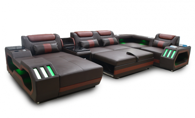 Luksusowa narożnikowa kanapa Kształt U Sofa do salonu z funkcją łóżka Couch Meble LED
