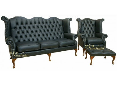 Czarna skórzana sofa Chesterfield Podkładka Ustawić 3+1 miejsce siedzące EarsFotel