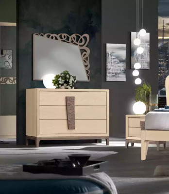 Sypialnia Zestaw Luxury Kredens Lustro Design Meble beżowy 3-częściowy Drewno