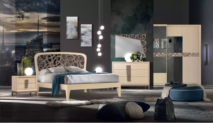 Sypialnia Zestaw Luxury Kredens Lustro Design Meble beżowy 3-częściowy Drewno