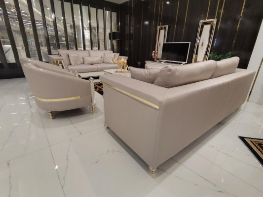 Luksusowy Zestaw sofowy 3+3+1 miejsce do siedzenia Design Meble Beżowy Fotel Sofa Włókienniczy Drewno Nowy