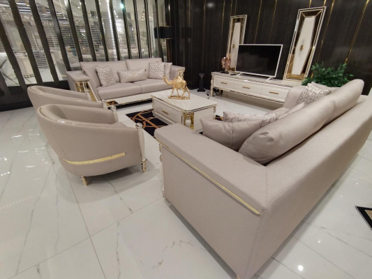Luksusowy Zestaw sofowy 3+3+1 miejsce do siedzenia Design Meble Beżowy Fotel Sofa Włókienniczy Drewno Nowy
