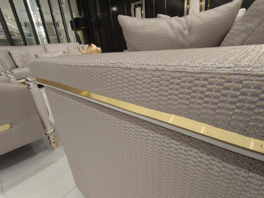Luksusowy Zestaw sofowy 3+3+1 miejsce do siedzenia Design Meble Beżowy Fotel Sofa Włókienniczy Drewno Nowy