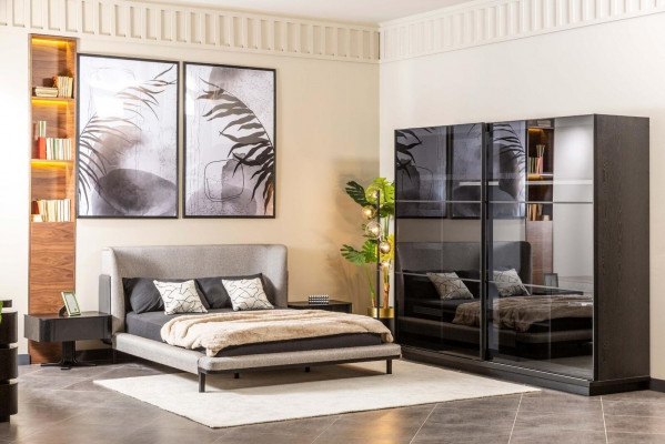 Nowoczesny zestaw Sypialnia Designerskie Podwójne łóżko x2 Szafki nocne ze szklaną szafką