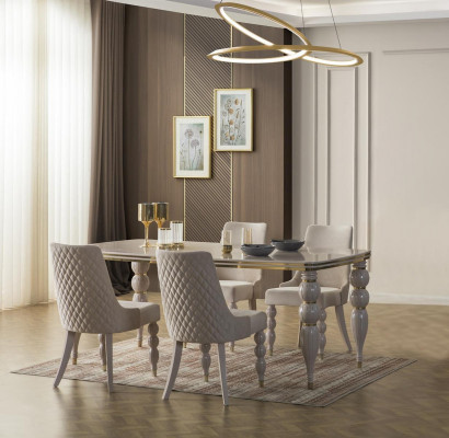 Ciemnobeżowy designerski zestaw do jadalni Drewno Stół obiadowy x6 Krzesła 7-częściowy luksusowy zestaw