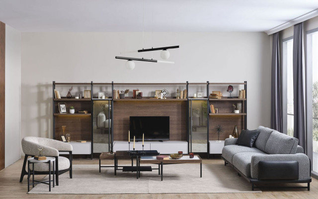 Designerski Zestaw sofowy Salon Drewno Meble 3-miejsce siedzące Fotel Stoliki do kawy
