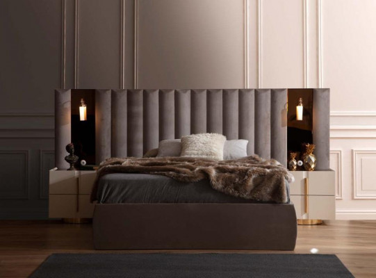 Brązowy Zestaw Sypialnia Designerskie Podwójne łóżko Białe 2x Szafki nocne 3szt
