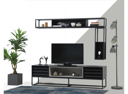 Jednostka ścienna RTV Półki Szafka RTV Zestaw Drewno Nowoczesny Czarny Design