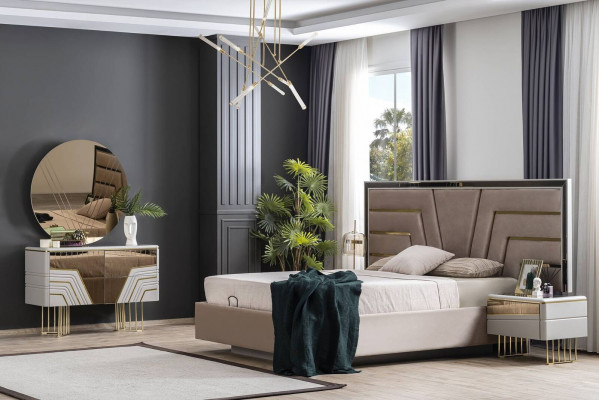 Sypialnia Zestaw Łóżko 2x Szafki nocne Kredens Lustro Luxury Zestaw 5 sztuk