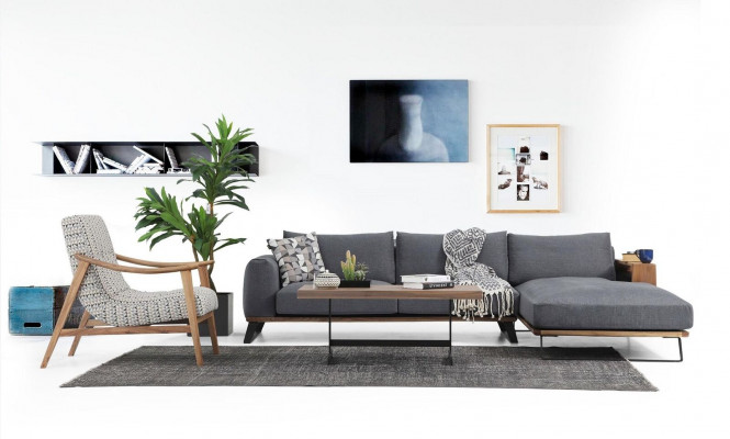 Narożnikowa kanapa Sofa w kształcie litery L, szara, nowoczesny materiał, projekt salonu, poliester