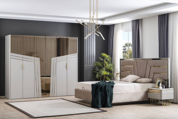 Nowoczesny zestaw Sypialnia Designerskie łóżko 2x Szafki nocne Szafa