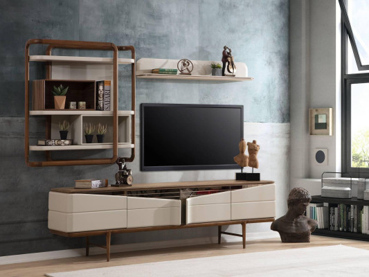 Beżowy salon Ustawić szafkę RTV 2x półki Drewno Designer Meble
