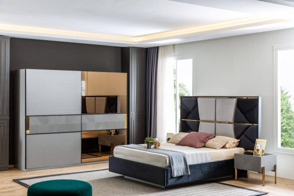 Nowoczesny zestaw Sypialnia Designerskie łóżko 2x Szafki nocne Szafa