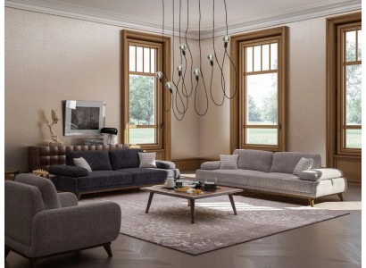 Zestaw do salonu Szara Sofa Dwuosobowa z Trzyosobową Włókienniczą Design stolik kawowy
